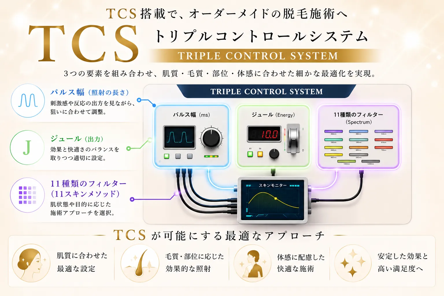 TCS トリプルコントロールシステム（パルス幅・ジュール・11種類のフィルター）