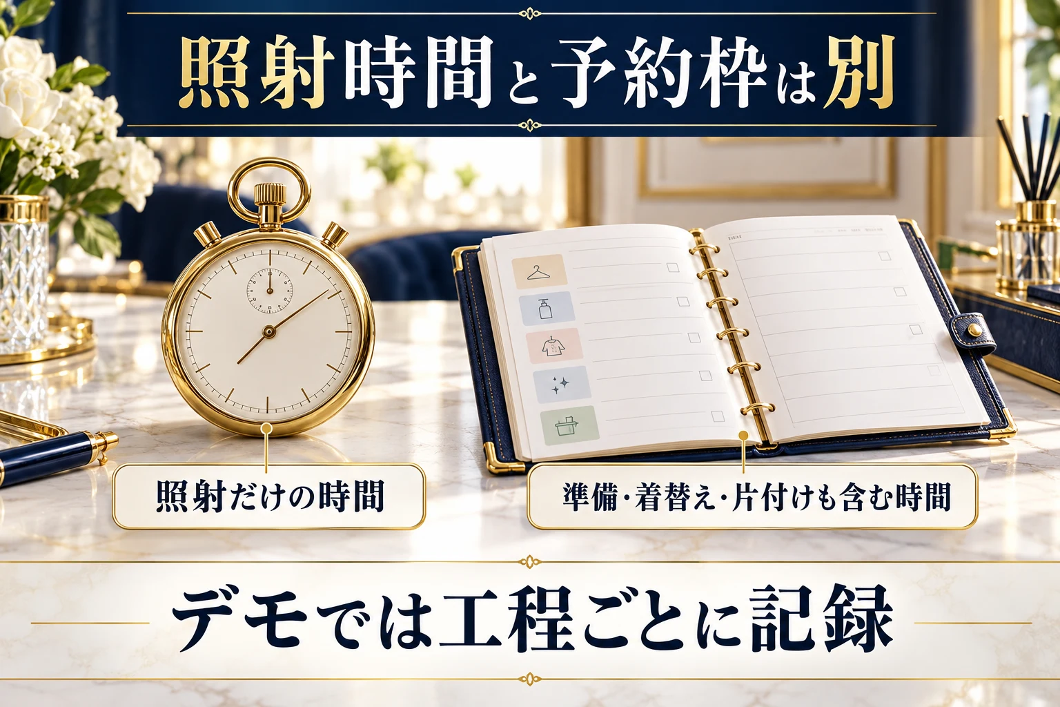 照射だけの時間と、準備・着替え・片付けを含む予約枠を区別する