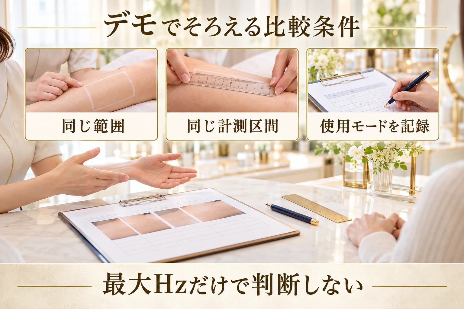 デモで比較する範囲と計測区間をそろえ、使用モードを記録する