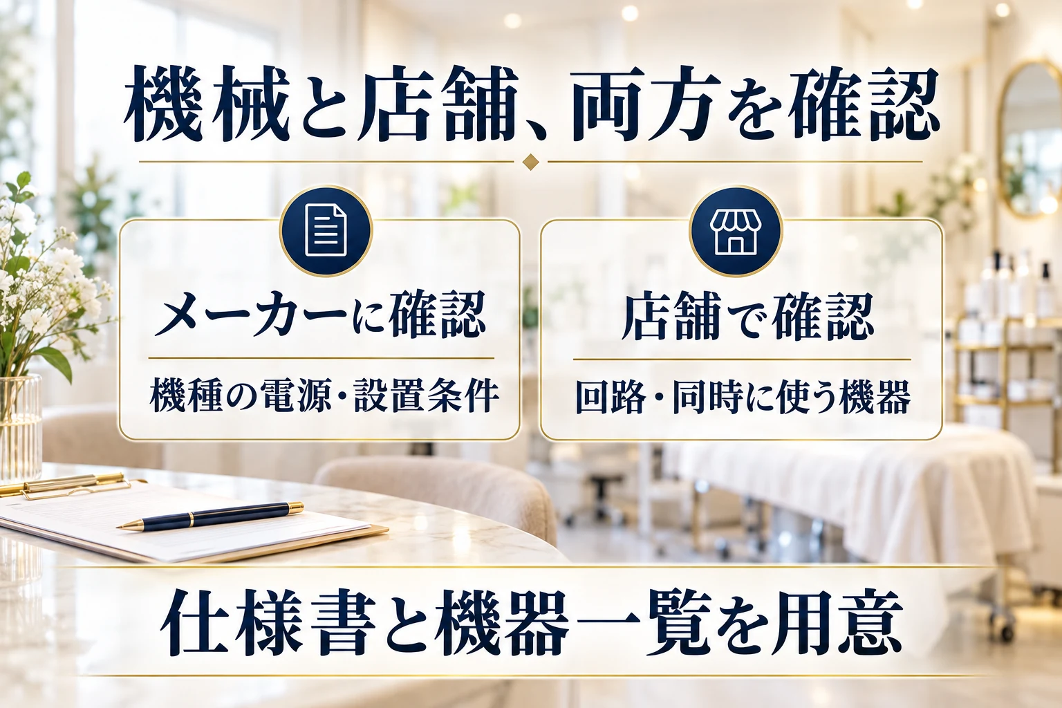 機種の電源条件と店舗の回路・同時使用機器を両方確認
