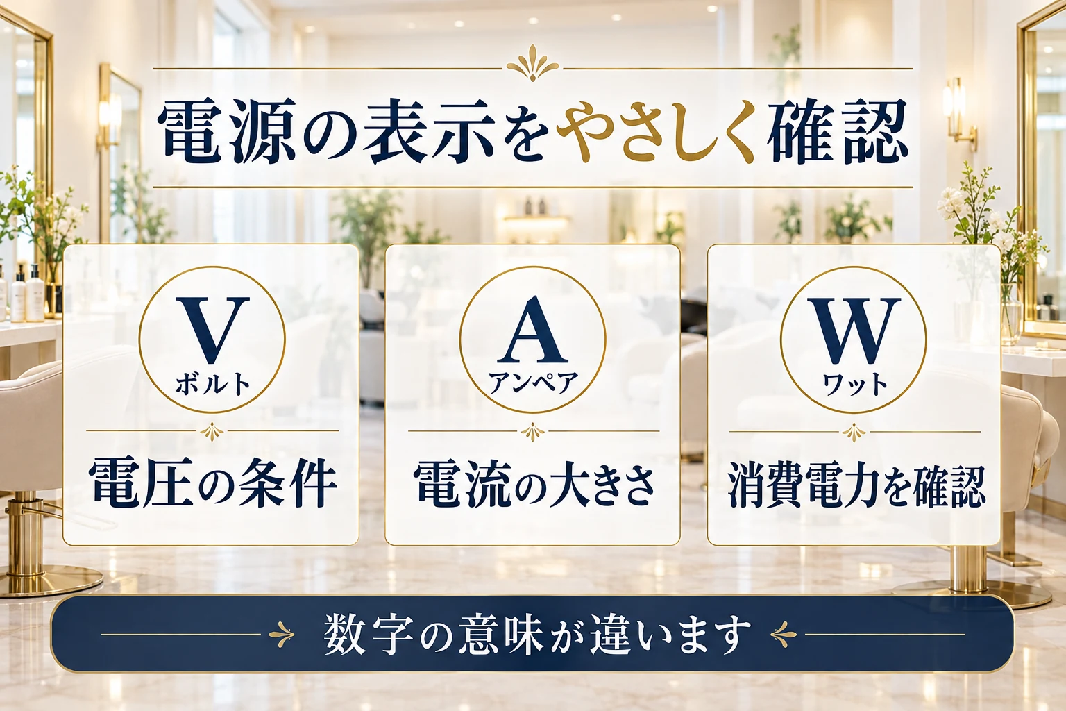 Vは電圧、Aは電流、Wは消費電力の確認に使う単位