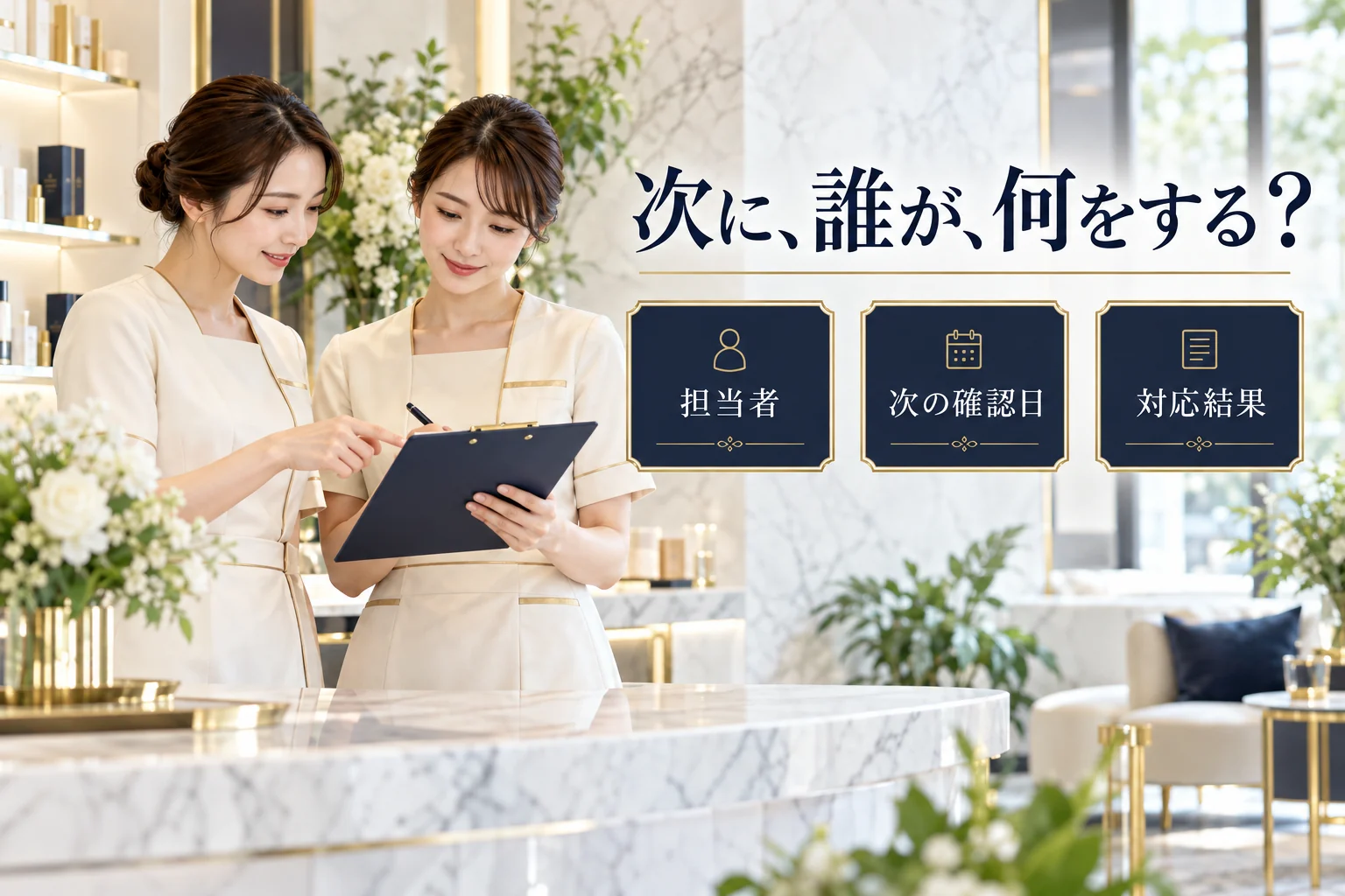 管理表で担当者・次の確認日・対応結果を共有するスタッフのイメージ。