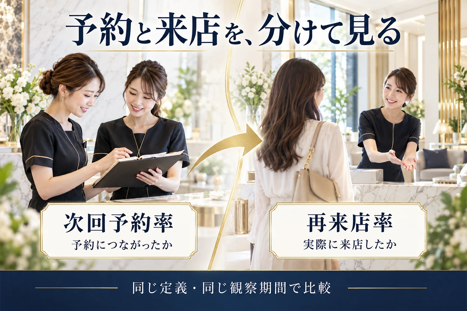 次回予約率は予約につながったか、再来店率は実際に来店したかを確認する指標。